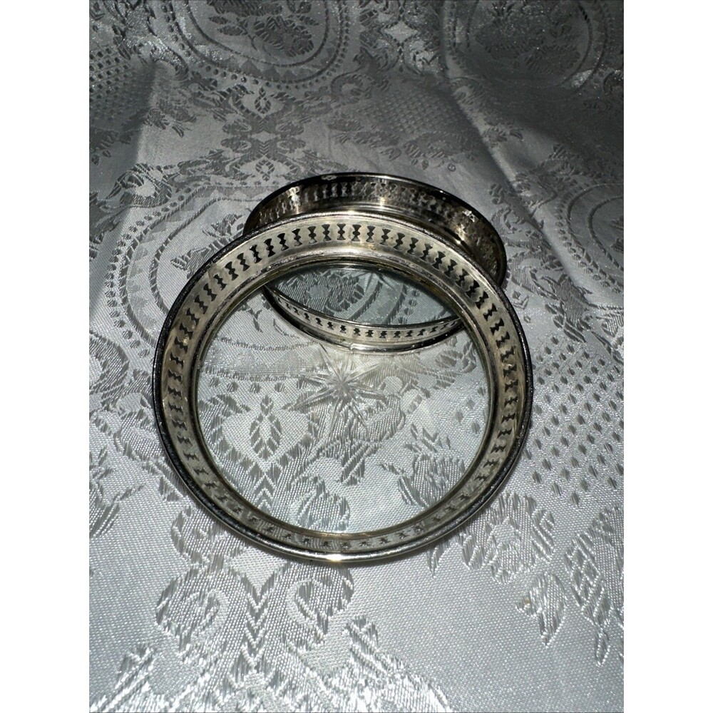 VINTAGE COASTERS WITH PIERCED METAL GALLERY & STAR-CUT GLASS BOTTOM SET OF 2